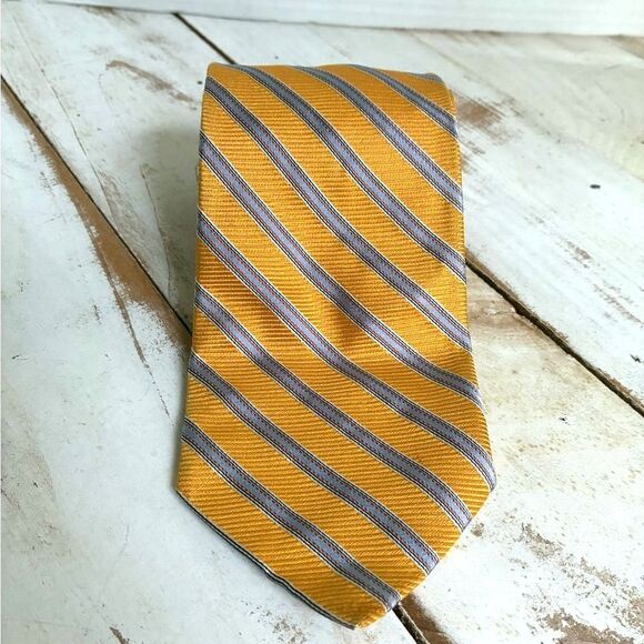 DANIEL CREMIEUX handmade silk tie yellow blue gray stripes men’s necktie EUC - Picture 9 of 10